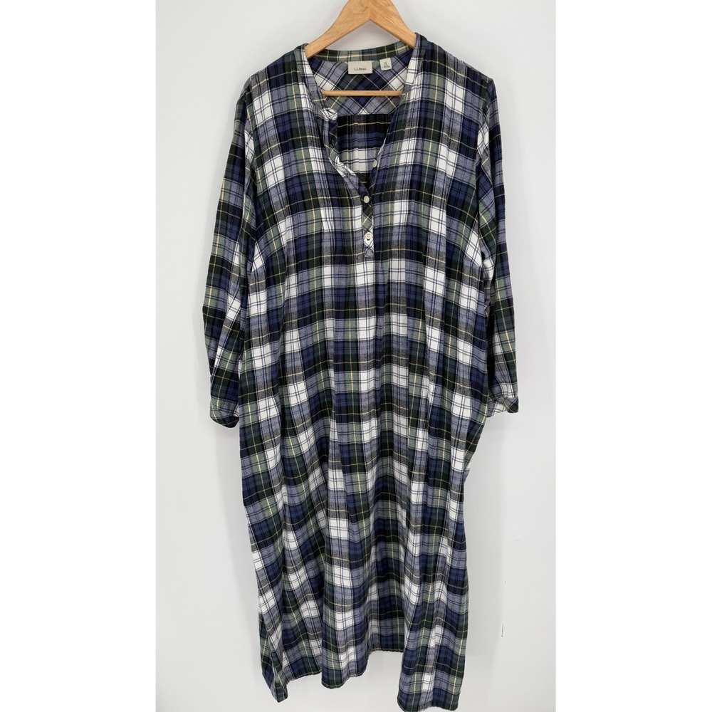 LL Bean Womens Nightgown 1X Plus Blue Green Plaid Flannel Henley ComfyCore